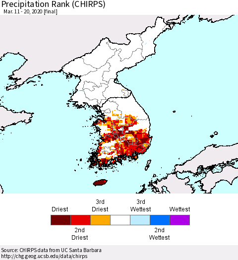 Korea Precipitation Rank (CHIRPS) Thematic Map For 3/11/2020 - 3/20/2020