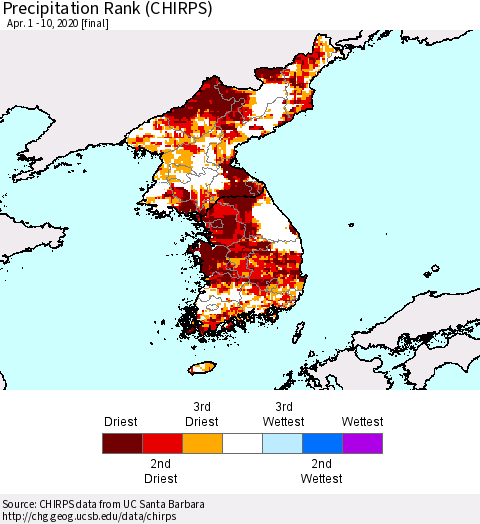 Korea Precipitation Rank (CHIRPS) Thematic Map For 4/1/2020 - 4/10/2020