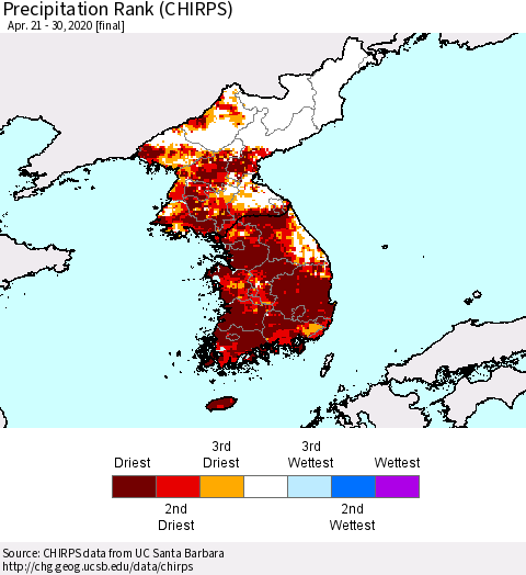 Korea Precipitation Rank (CHIRPS) Thematic Map For 4/21/2020 - 4/30/2020