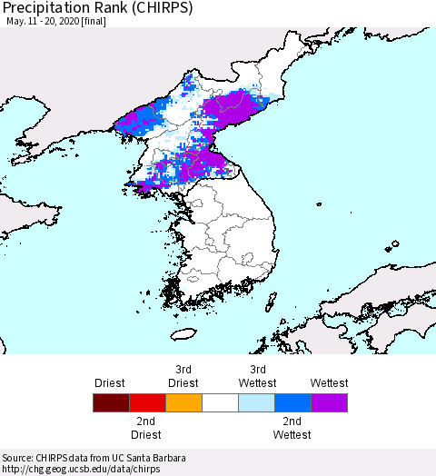 Korea Precipitation Rank (CHIRPS) Thematic Map For 5/11/2020 - 5/20/2020