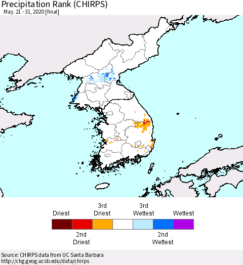 Korea Precipitation Rank (CHIRPS) Thematic Map For 5/21/2020 - 5/31/2020