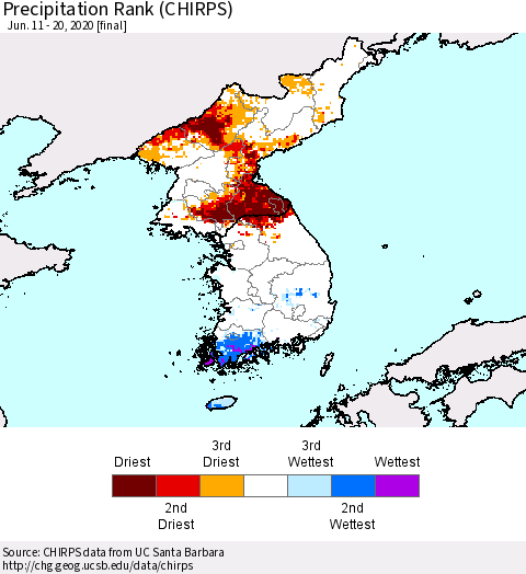 Korea Precipitation Rank since 1981 (CHIRPS) Thematic Map For 6/11/2020 - 6/20/2020