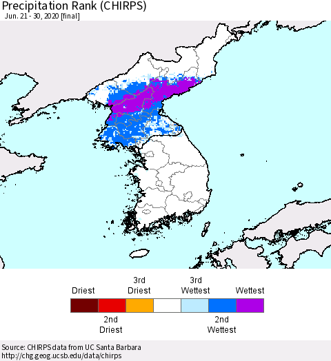 Korea Precipitation Rank since 1981 (CHIRPS) Thematic Map For 6/21/2020 - 6/30/2020