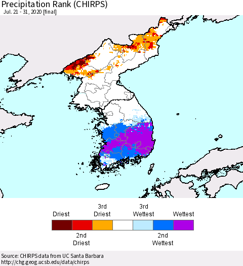 Korea Precipitation Rank (CHIRPS) Thematic Map For 7/21/2020 - 7/31/2020