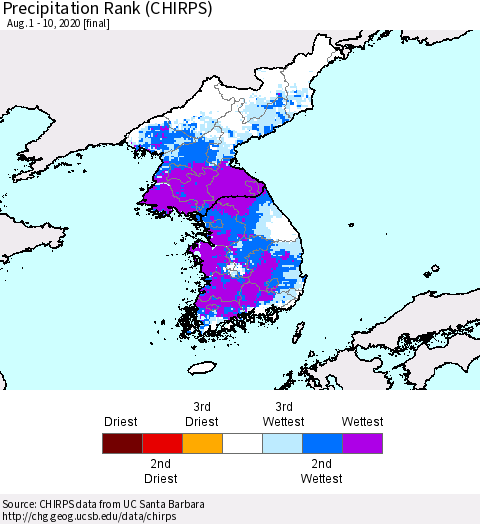 Korea Precipitation Rank (CHIRPS) Thematic Map For 8/1/2020 - 8/10/2020