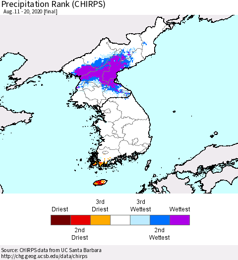 Korea Precipitation Rank (CHIRPS) Thematic Map For 8/11/2020 - 8/20/2020