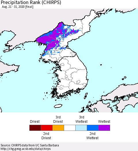 Korea Precipitation Rank (CHIRPS) Thematic Map For 8/21/2020 - 8/31/2020