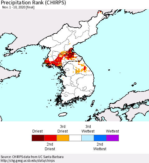 Korea Precipitation Rank (CHIRPS) Thematic Map For 11/1/2020 - 11/10/2020