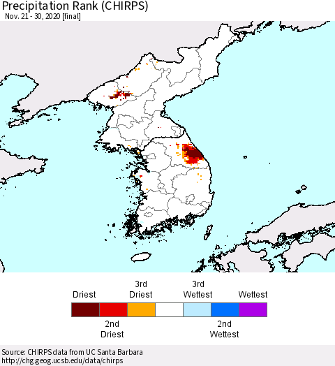 Korea Precipitation Rank (CHIRPS) Thematic Map For 11/21/2020 - 11/30/2020