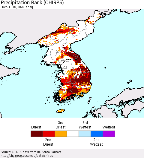 Korea Precipitation Rank (CHIRPS) Thematic Map For 12/1/2020 - 12/10/2020
