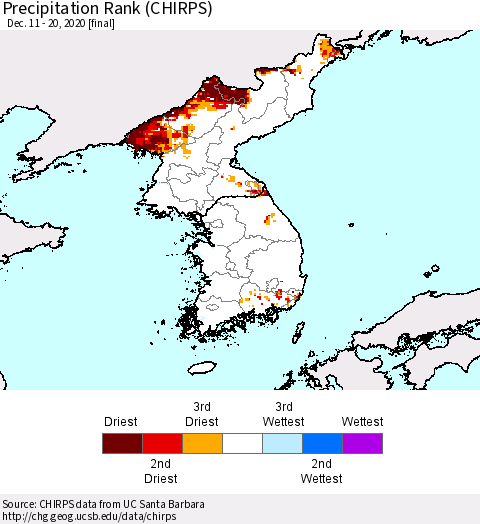 Korea Precipitation Rank (CHIRPS) Thematic Map For 12/11/2020 - 12/20/2020