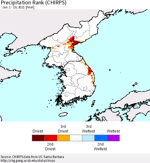Korea Precipitation Rank (CHIRPS) Thematic Map For 1/1/2021 - 1/10/2021
