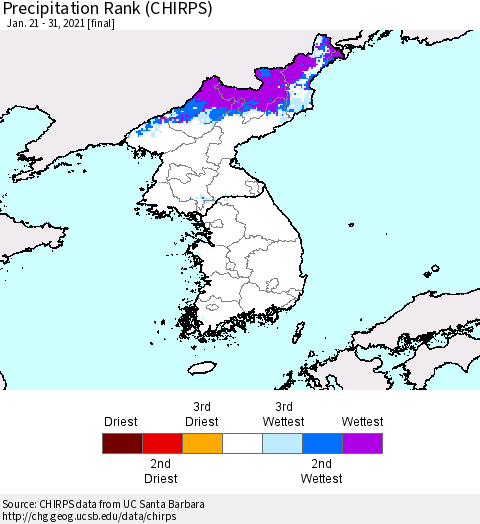 Korea Precipitation Rank (CHIRPS) Thematic Map For 1/21/2021 - 1/31/2021
