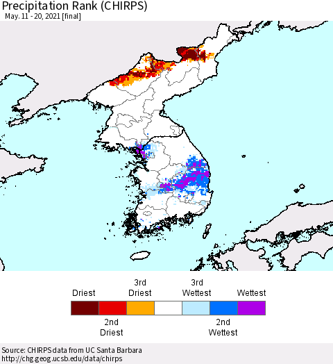 Korea Precipitation Rank (CHIRPS) Thematic Map For 5/11/2021 - 5/20/2021