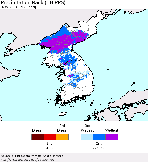 Korea Precipitation Rank (CHIRPS) Thematic Map For 5/21/2021 - 5/31/2021