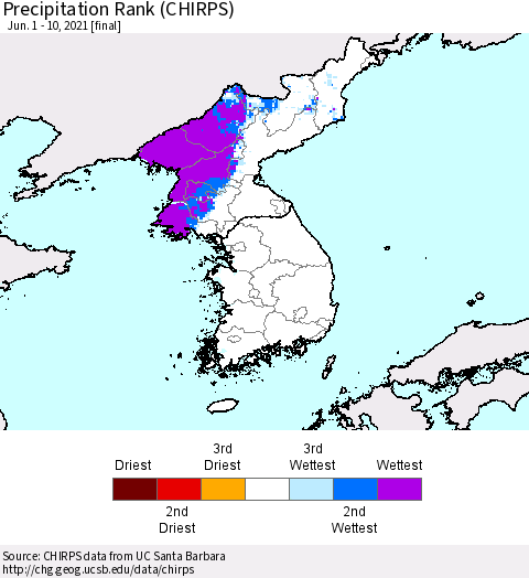 Korea Precipitation Rank since 1981 (CHIRPS) Thematic Map For 6/1/2021 - 6/10/2021