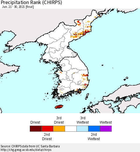 Korea Precipitation Rank since 1981 (CHIRPS) Thematic Map For 6/21/2021 - 6/30/2021