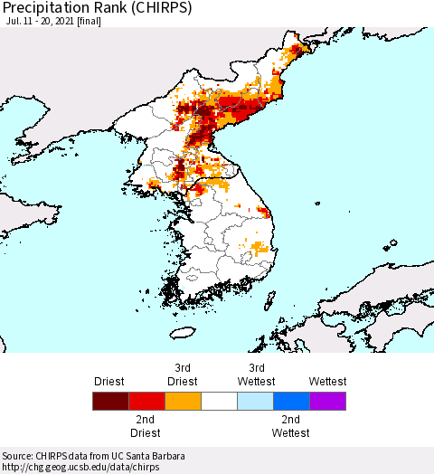 Korea Precipitation Rank (CHIRPS) Thematic Map For 7/11/2021 - 7/20/2021