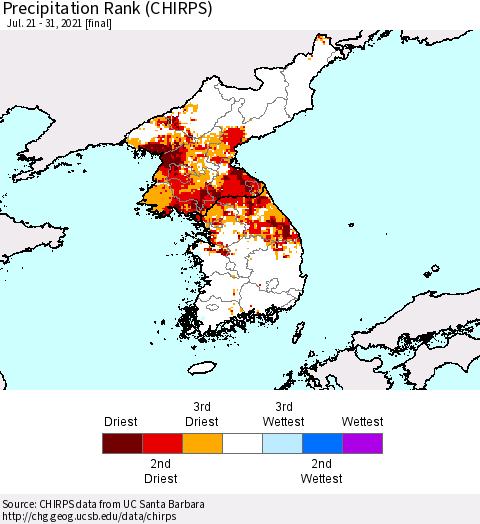 Korea Precipitation Rank (CHIRPS) Thematic Map For 7/21/2021 - 7/31/2021