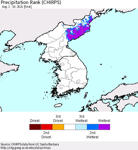 Korea Precipitation Rank (CHIRPS) Thematic Map For 8/1/2021 - 8/10/2021