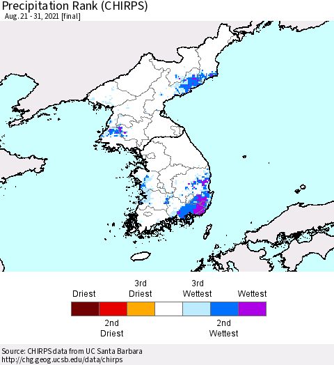 Korea Precipitation Rank since 1981 (CHIRPS) Thematic Map For 8/21/2021 - 8/31/2021