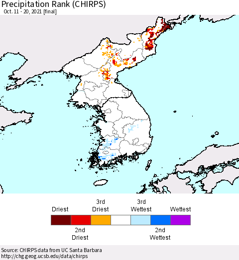 Korea Precipitation Rank since 1981 (CHIRPS) Thematic Map For 10/11/2021 - 10/20/2021