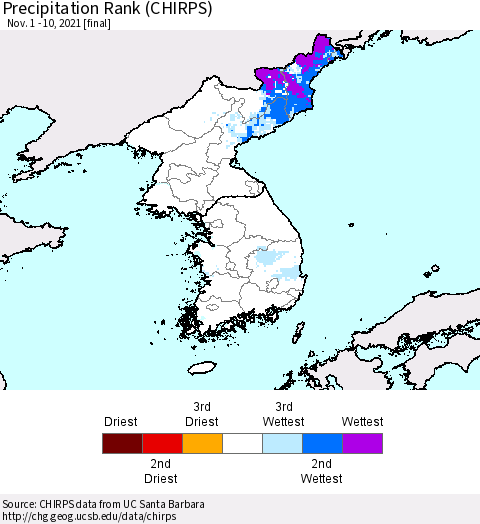 Korea Precipitation Rank (CHIRPS) Thematic Map For 11/1/2021 - 11/10/2021