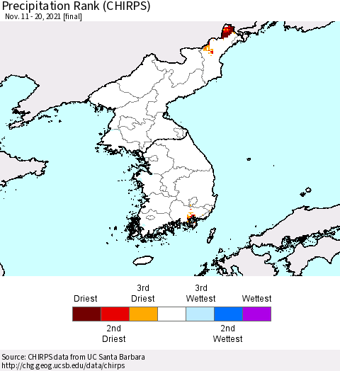 Korea Precipitation Rank (CHIRPS) Thematic Map For 11/11/2021 - 11/20/2021