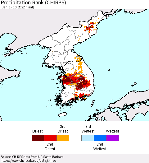 Korea Precipitation Rank since 1981 (CHIRPS) Thematic Map For 1/1/2022 - 1/10/2022