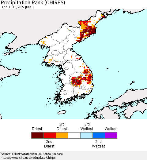 Korea Precipitation Rank (CHIRPS) Thematic Map For 2/1/2022 - 2/10/2022