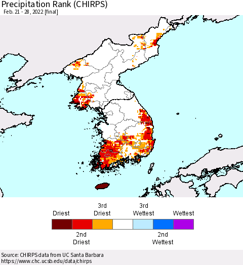 Korea Precipitation Rank (CHIRPS) Thematic Map For 2/21/2022 - 2/28/2022