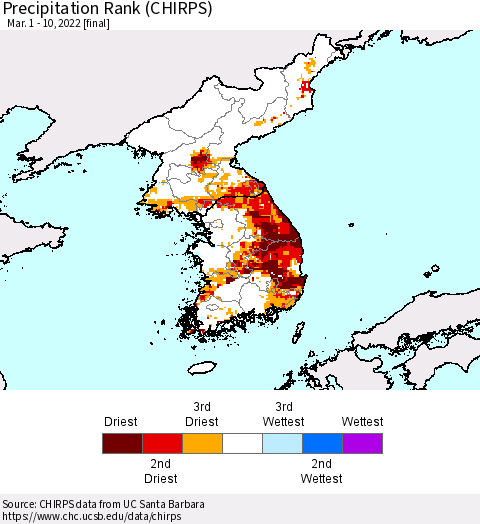 Korea Precipitation Rank (CHIRPS) Thematic Map For 3/1/2022 - 3/10/2022