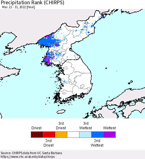 Korea Precipitation Rank (CHIRPS) Thematic Map For 3/21/2022 - 3/31/2022