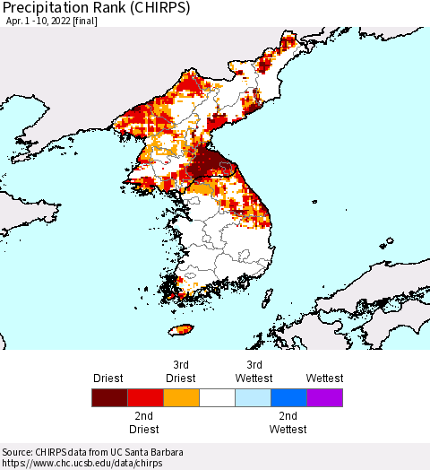Korea Precipitation Rank since 1981 (CHIRPS) Thematic Map For 4/1/2022 - 4/10/2022
