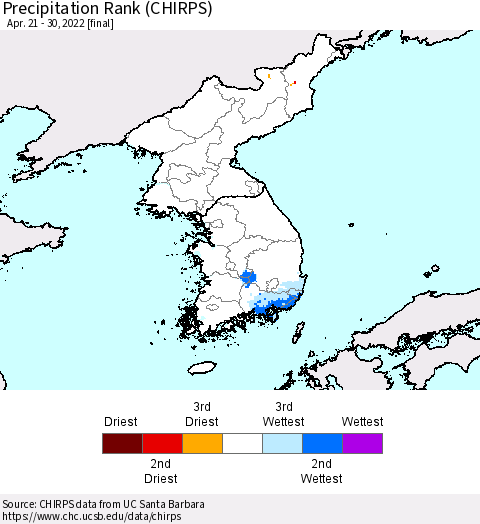 Korea Precipitation Rank (CHIRPS) Thematic Map For 4/21/2022 - 4/30/2022