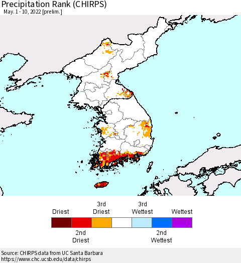 Korea Precipitation Rank since 1981 (CHIRPS) Thematic Map For 5/1/2022 - 5/10/2022