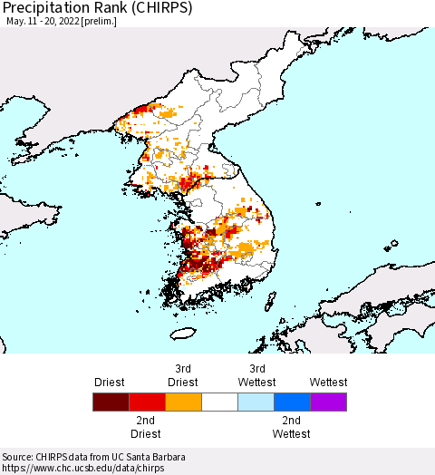 Korea Precipitation Rank since 1981 (CHIRPS) Thematic Map For 5/11/2022 - 5/20/2022