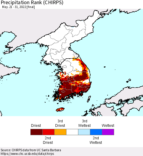 Korea Precipitation Rank (CHIRPS) Thematic Map For 5/21/2022 - 5/31/2022