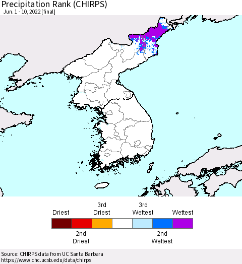 Korea Precipitation Rank since 1981 (CHIRPS) Thematic Map For 6/1/2022 - 6/10/2022