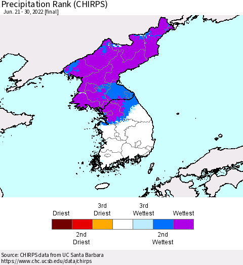 Korea Precipitation Rank since 1981 (CHIRPS) Thematic Map For 6/21/2022 - 6/30/2022