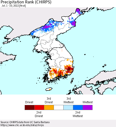 Korea Precipitation Rank (CHIRPS) Thematic Map For 7/1/2022 - 7/10/2022