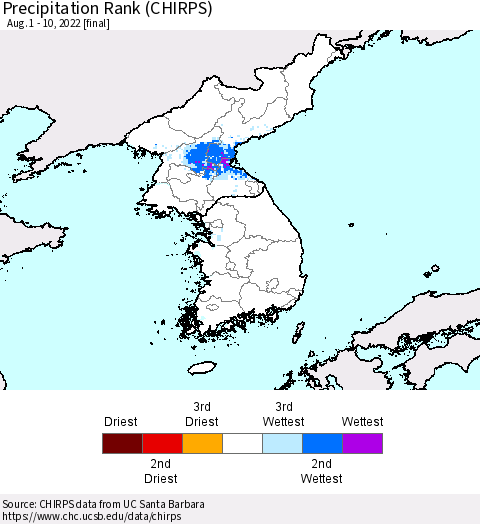Korea Precipitation Rank since 1981 (CHIRPS) Thematic Map For 8/1/2022 - 8/10/2022