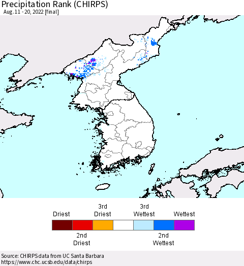 Korea Precipitation Rank (CHIRPS) Thematic Map For 8/11/2022 - 8/20/2022
