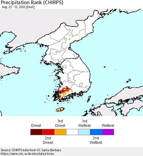Korea Precipitation Rank (CHIRPS) Thematic Map For 8/21/2022 - 8/31/2022
