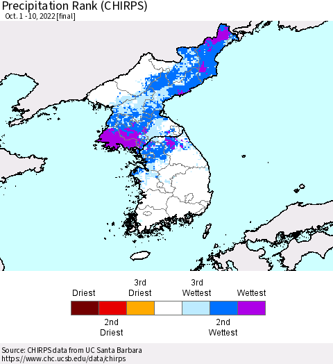 Korea Precipitation Rank since 1981 (CHIRPS) Thematic Map For 10/1/2022 - 10/10/2022