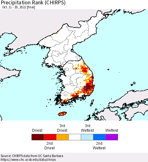 Korea Precipitation Rank (CHIRPS) Thematic Map For 10/11/2022 - 10/20/2022