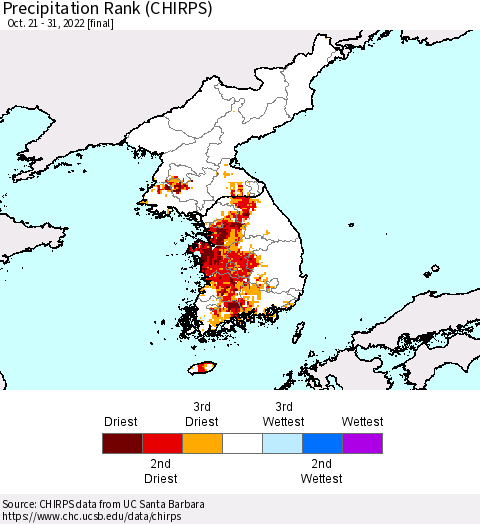 Korea Precipitation Rank (CHIRPS) Thematic Map For 10/21/2022 - 10/31/2022