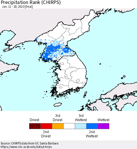 Korea Precipitation Rank (CHIRPS) Thematic Map For 1/11/2023 - 1/20/2023