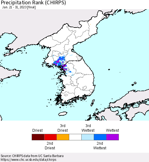 Korea Precipitation Rank (CHIRPS) Thematic Map For 1/21/2023 - 1/31/2023