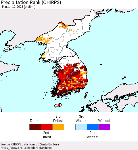 Korea Precipitation Rank (CHIRPS) Thematic Map For 3/1/2023 - 3/10/2023